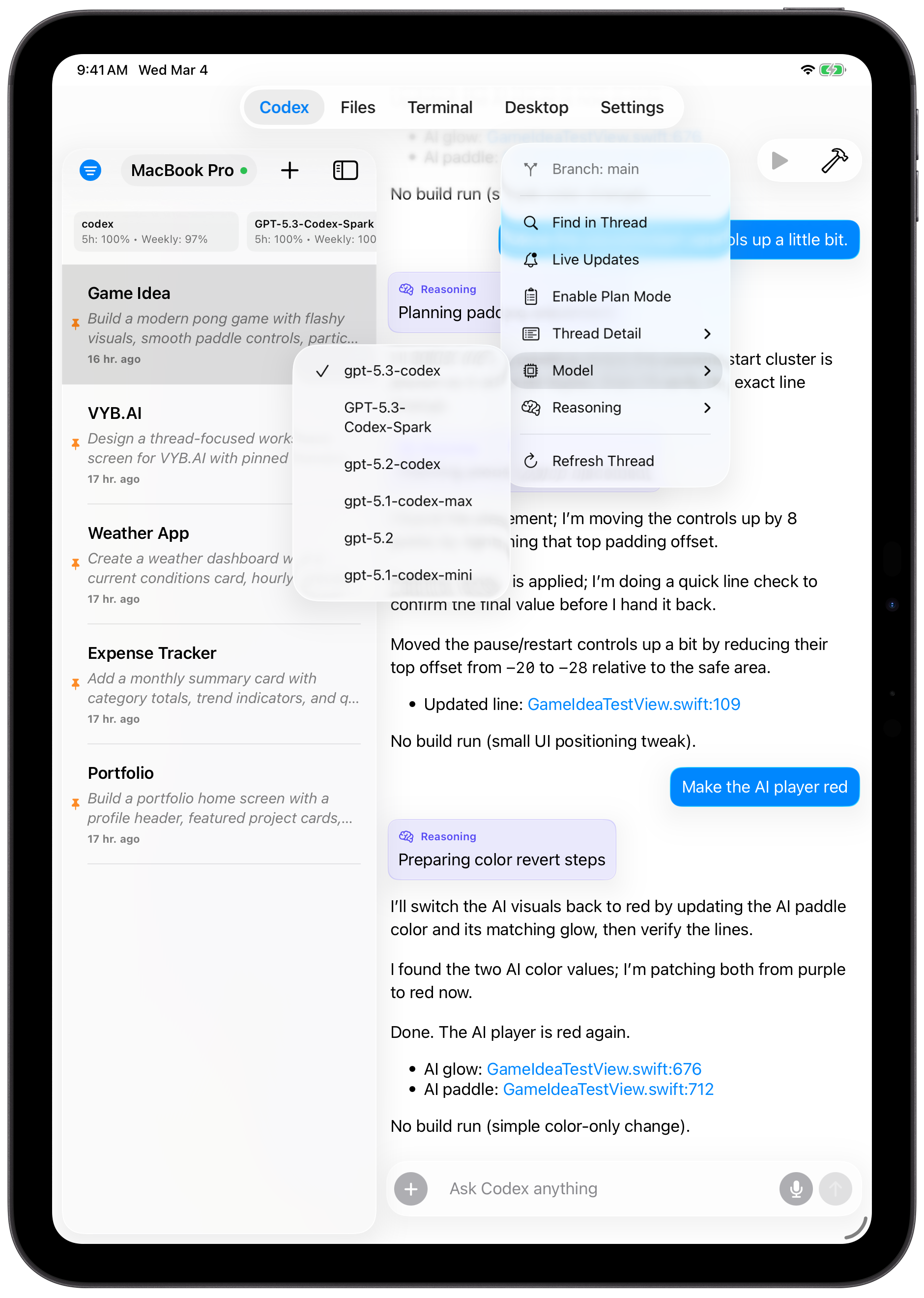 Codex thread controls on iPad