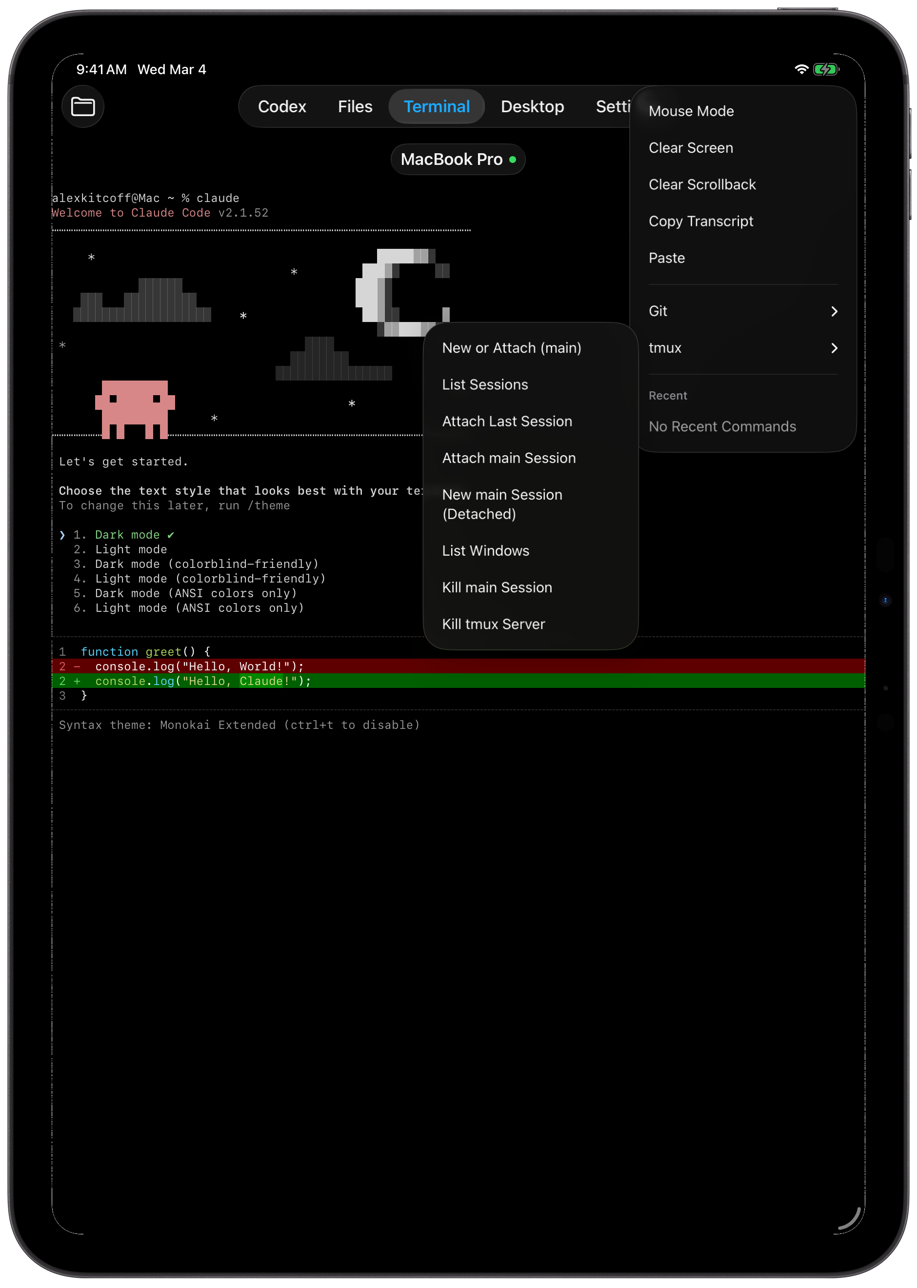 Terminal session tools on iPad
